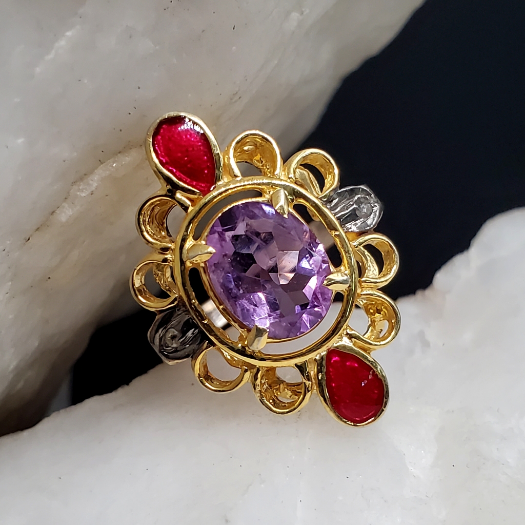 Unique Designer Solid Sterling Silver 925  14k Gold Ring Amethyst Gemstone Gift